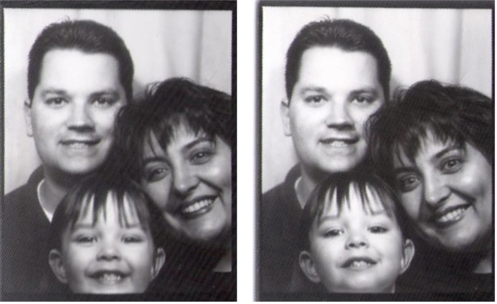 Family of three in photo booth strips showing the integration of Measure, Mastery, and Maturity across relationships